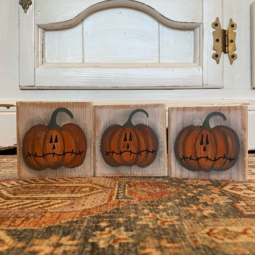 Set of three Jack o Lantern blocks, Halloween decor